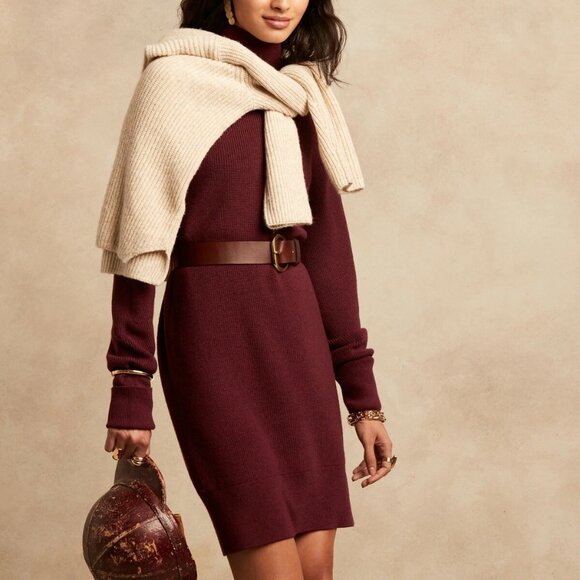 Banana Republic Mock Neck Responsible Wool Merino Mini Dress M Pinot Noir - Picture 1 of 14